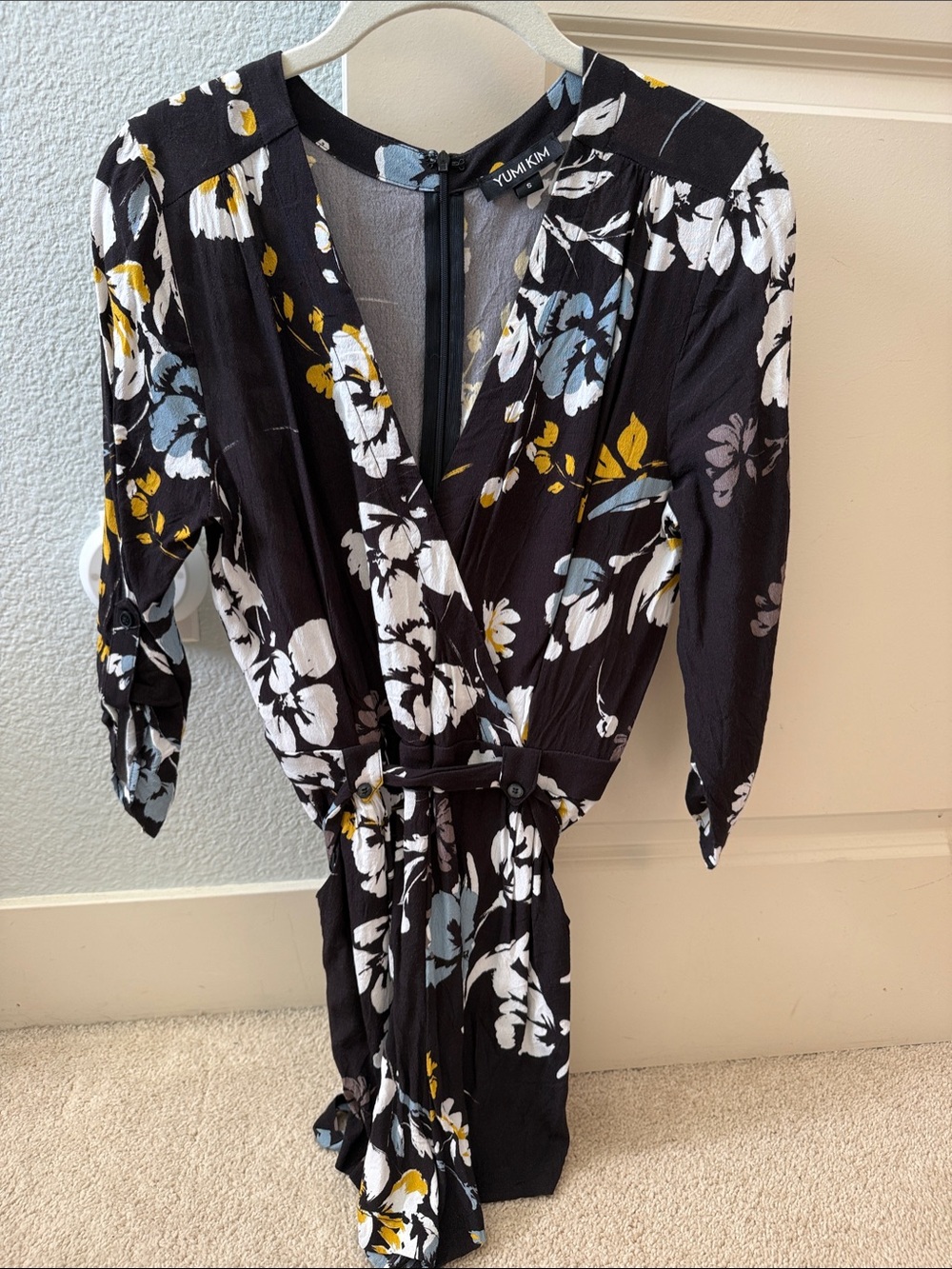 Yumi Kim Black Floral Wrap Romper with Yellow & White Accents